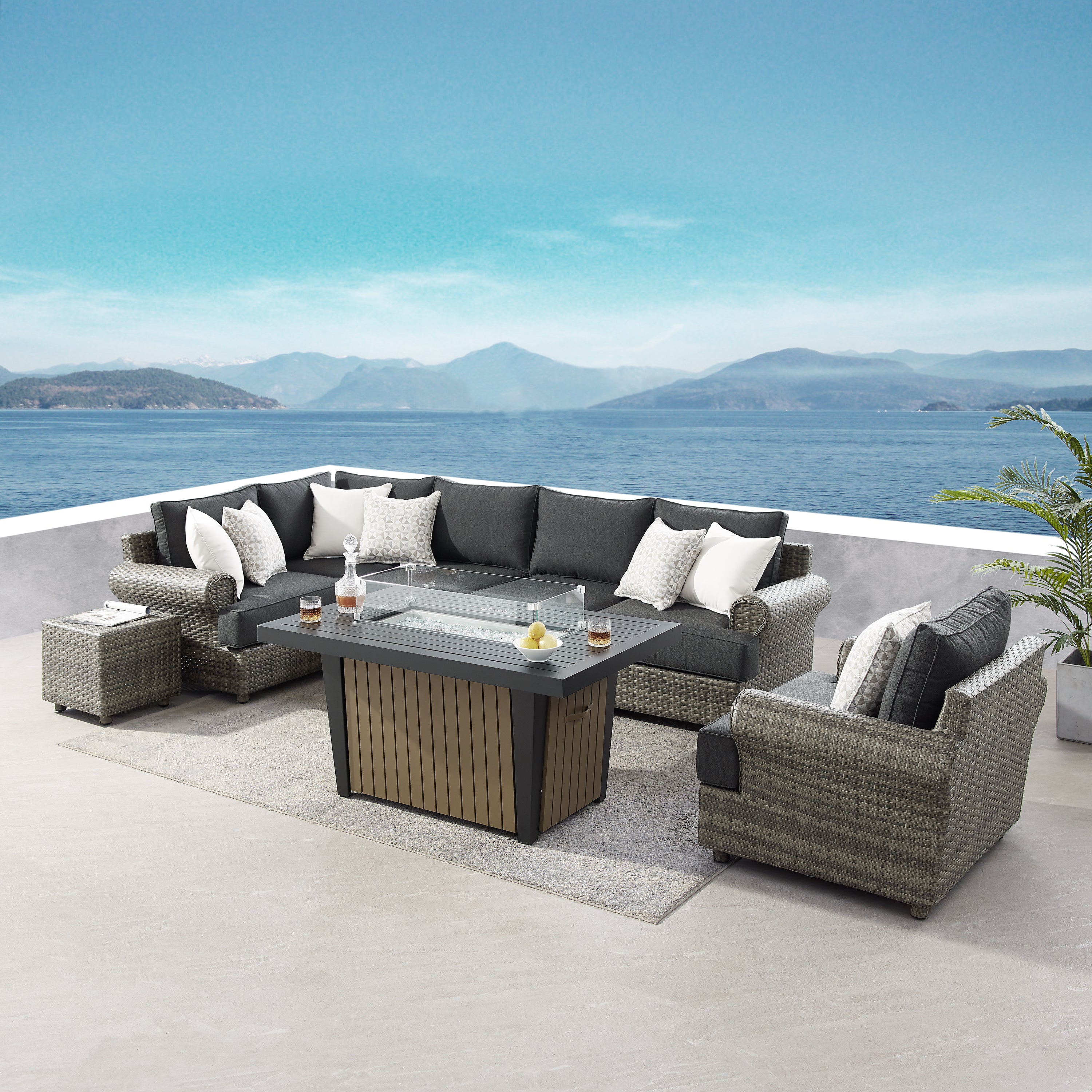8-piece Regency conversation set with fire pit table – Sirio